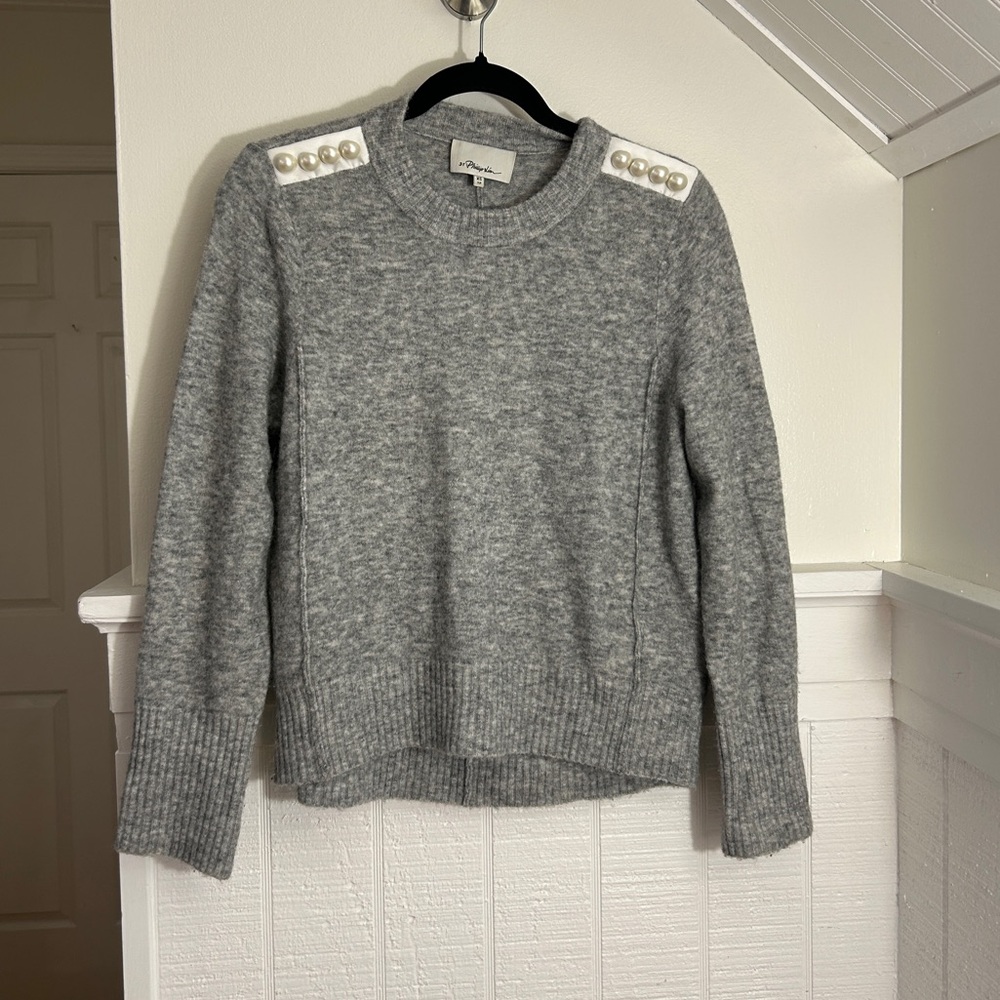 Phillip Lim Gray Wool Blend Crew Neck sweater with pearl accents size XS